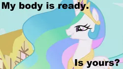 Size: 853x480 | Tagged: suggestive, derpibooru import, edit, edited screencap, screencap, princess celestia, alicorn, pony, female, image macro, mare, princess, solo, solo female