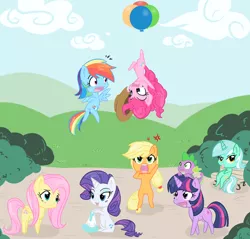 Size: 900x860 | Tagged: safe, artist:bamboodog, derpibooru import, applejack, fluttershy, lyra heartstrings, pinkie pie, rainbow dash, rarity, spike, twilight sparkle, dragon, earth pony, pegasus, pony, unicorn, accessory theft, balloon, bench, chibi, dragon hat, floating, male, mane seven, rearing, sitting, then watch her balloons lift her up to the sky, tongue out