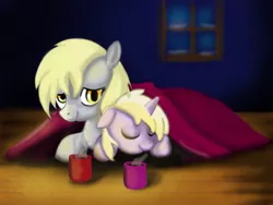 Size: 1024x768 | Tagged: safe, artist:gunslingerpen, derpibooru import, derpy hooves, dinky hooves, pegasus, pony, unicorn, blanket, duo, duo female, equestria's best mother, family, female, filly, mare, mug, photoshop, prone, sleeping