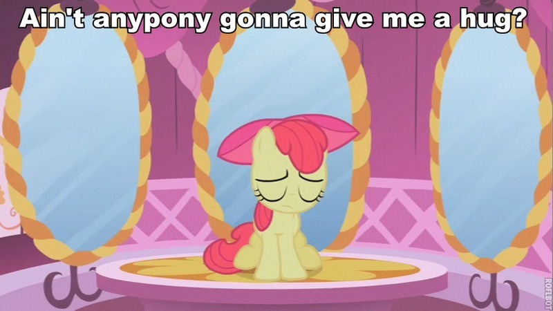 Size: 853x480 | Tagged: safe, derpibooru import, edit, edited screencap, screencap, apple bloom, earth pony, pony, bronybait, carousel boutique, eyes closed, female, filly, hug, image macro, sad, sitting