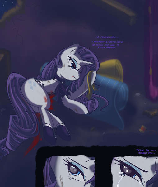 Size: 800x945 | Tagged: grimdark, artist:bamboodog, derpibooru import, rarity, pony, unicorn, blood, comic, female, mare, night, side, solo