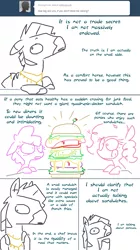 Size: 593x1062 | Tagged: suggestive, artist:the weaver, derpibooru import, berry punch, berryshine, pinkie pie, oc, oc:ice pack, earth pony, pony, zebra, ask ice pack, ask, comic, eyes on the prize, female, innuendo, mare, penis size, sandwich, simple background, white background