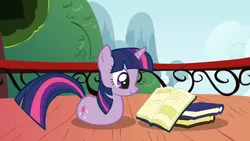 Size: 1920x1080 | Tagged: balcony, book, derpibooru import, ponyloaf, reading, safe, smiling, solo, twilight sparkle, twiworm, wat, worm pony