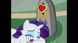 Size: 1920x1080 | Tagged: safe, artist:toothlessandhiccup, derpibooru import, rarity, spike, pony, unicorn, crying, eyes closed, female, fire ruby, funeral, grave, gravestone, grieving widow, implied death, mare, prone, rain, shipping, sparity, straight