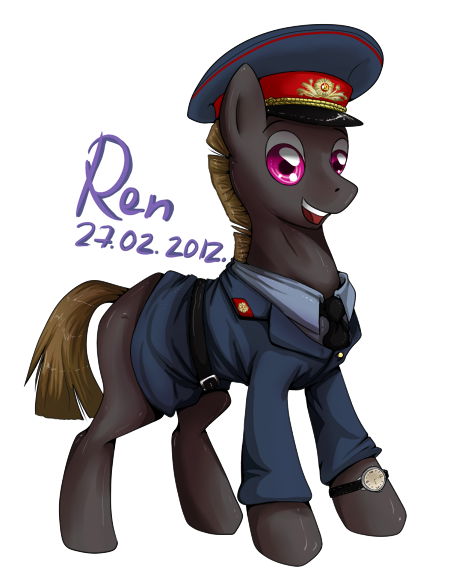 Size: 450x580 | Tagged: safe, artist:rendellstar, derpibooru import, oc, unofficial characters only, earth pony, pony, clothes, male, simple background, solo, stallion, transparent background, uniform, watch, wristwatch