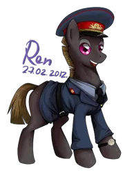 Size: 450x580 | Tagged: safe, artist:rendellstar, derpibooru import, oc, unofficial characters only, earth pony, pony, clothes, male, simple background, solo, stallion, transparent background, uniform, watch, wristwatch