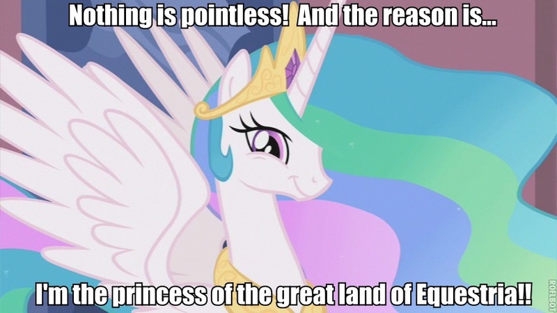 Size: 853x480 | Tagged: safe, derpibooru import, edit, edited screencap, screencap, princess celestia, alicorn, pony, the return of harmony, female, image macro, mare, metal wolf chaos, princess, solo