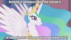 Size: 853x480 | Tagged: safe, derpibooru import, edit, edited screencap, screencap, princess celestia, alicorn, pony, the return of harmony, female, image macro, mare, metal wolf chaos, princess, solo