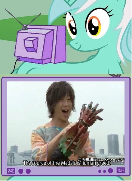 Size: 565x772 | Tagged: safe, derpibooru import, lyra heartstrings, pony, unicorn, ankh, eiji hino, exploitable meme, female, kamen rider, kamen rider ooo, mare, meme, tv meme