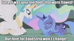 Size: 853x480 | Tagged: safe, derpibooru import, edit, edited screencap, screencap, princess celestia, princess luna, alicorn, pony, friendship is magic, castle of the royal pony sisters, duo, duo female, female, image macro, mare, metal wolf chaos, princess, prone, s1 luna