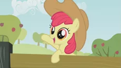 Size: 853x480 | Tagged: safe, derpibooru import, screencap, apple bloom, earth pony, pony, the last roundup, applejack's hat, cowboy hat, female, fence, filly, happy, hat, solo, waving