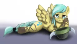 Size: 1440x835 | Tagged: safe, artist:gunslingerpen, derpibooru import, sunshower raindrops, pegasus, pony, bedroom eyes, braided tail, costume, female, gradient background, helmet, looking at you, mare, nightmare night, photoshop, prone, sandals, smiling, solo, spread wings, sultry pose, viking, wingboner