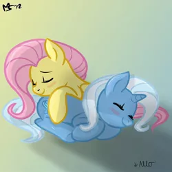 Size: 962x962 | Tagged: safe, artist:allosaurus, artist:megasweet, derpibooru import, fluttershy, trixie, pegasus, pony, unicorn, female, lesbian, mare, pony pillow, shipping, sleeping, smiling, trixieshy