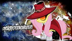 Size: 2560x1440 | Tagged: safe, artist:aloopyduck, derpibooru import, fluttershy, pegasus, pony, abstract background, alucard, alushy, female, hellsing, mare, solo, sunglasses, wallpaper
