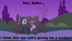 Size: 853x480 | Tagged: safe, derpibooru import, edit, edited screencap, screencap, pinkie pie, spike, dragon, earth pony, pony, it's about time, caption, catsuit, duo, female, food, ice cream, image macro, male, mare, night
