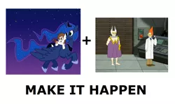 Size: 1337x796 | Tagged: safe, derpibooru import, pipsqueak, princess luna, alicorn, earth pony, pony, aqua teen hunger force, colt, doctor weird, exploitable meme, female, flying, make it happen, male, mare, meta, night, ponies riding ponies, steve