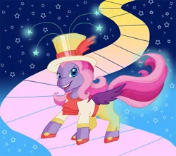 Size: 845x748 | Tagged: safe, artist:peppersupreme, derpibooru import, starsong, pegasus, pony, abstract background, clothes, female, g3, g3.5, g3betes, hat, mare, solo, top hat