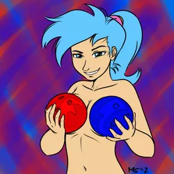 Size: 962x962 | Tagged: abstract background, allie way, artist:megasweet, artist:reaver, bowling ball, breasts, derpibooru import, female, human, humanized, nudity, smiling, solo, solo female, strategically covered, suggestive