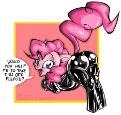 Size: 1239x1177 | Tagged: suggestive, artist:konnykon, derpibooru import, pinkie pie, earth pony, pony, abstract background, balloonbutt, butt, catsuit, female, form fitting, latex, latex suit, looking back, mare, plot, presenting, skinsuit, solo, solo female, stupid sexy pinkie