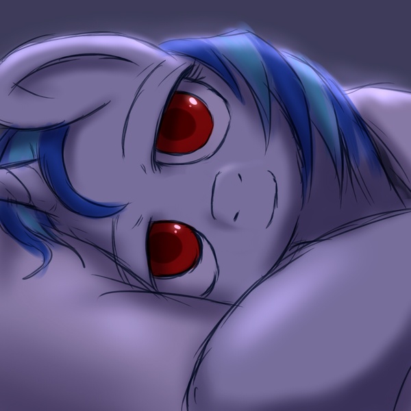 Size: 1200x1200 | Tagged: dead source, safe, artist:swaetshrit, derpibooru import, vinyl scratch, pony, unicorn, bed, close-up, female, looking at you, mare, paint tool sai, red eyes, solo