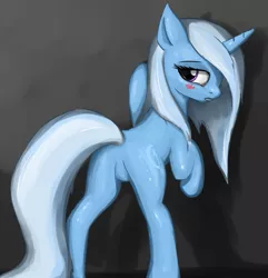 Size: 913x949 | Tagged: source needed, suggestive, artist:johnjoseco, derpibooru import, trixie, pony, unicorn, against wall, blushing, featureless crotch, female, gritted teeth, looking at you, looking back, mare, plot, presenting, raised hoof, raised tail, solo, solo female, wall