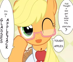 Size: 900x765 | Tagged: safe, artist:yuki endo, derpibooru import, applejack, earth pony, pony, clothes, cute, female, glasses, hatless, it was me, jackabetes, looking at you, mare, missing accessory, schoolgirl, solo, translation, wink
