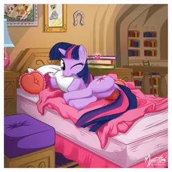 Size: 1040x1040 | Tagged: safe, artist:mysticalpha, derpibooru import, applejack, derpy hooves, fluttershy, twilight sparkle, pegasus, pony, unicorn, bed, bedroom, book, cute, dock, female, golden oaks library, heart, horseshoes, looking at you, looking back, mare, one eye closed, pillow, plot, side, solo, twiabetes, wink
