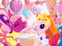 Size: 480x360 | Tagged: safe, derpibooru import, cheerilee, cheerilee (g3), toola roola, earth pony, pony, animated, balloon, cheeribetes, cheerileeder, cheerleader, commercial, cute, duo, duo female, female, frame by frame, g3, g3betes, gif, hilarious in hindsight, mare, party, roolabetes