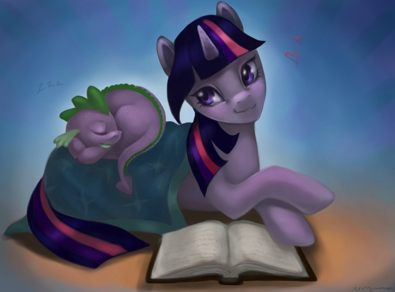 Size: 1000x739 | Tagged: safe, artist:stringmouse, derpibooru import, spike, twilight sparkle, dragon, pony, unicorn, blanket, book, cute, female, male, mama twilight, mare, pony pillow, prone, sleeping, zzz