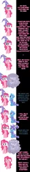 Size: 1000x5685 | Tagged: safe, artist:undead-niklos, derpibooru import, pinkie pie, trixie, earth pony, pony, unicorn, comic:pinkie pie says goodnight, blue text, comic, duo, duo female, female, get, hat, mare, photoshop, pink text, repdigit milestone, trixie's hat, wizard hat