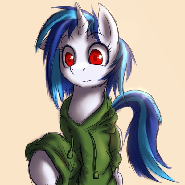 Size: 1600x1600 | Tagged: dead source, safe, artist:swaetshrit, derpibooru import, vinyl scratch, pony, unicorn, clothes, female, hoodie, mare, missing accessory, paint tool sai, simple background, solo, wrong eye color