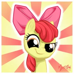 Size: 720x720 | Tagged: safe, artist:mysticalpha, derpibooru import, apple bloom, earth pony, pony, abstract background, female, filly, looking at you, smiling, smirk, solo, sunburst background