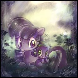 Size: 1000x1000 | Tagged: safe, artist:th351, derpibooru import, spike, twilight sparkle, dragon, pony, unicorn, dragons riding ponies, female, forest, looking at each other, male, mare, prone, riding