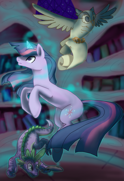 Size: 600x874 | Tagged: safe, artist:portalmaster-lj, derpibooru import, owlowiscious, spike, twilight sparkle, dragon, pony, unicorn, female, golden oaks library, male, mare, night, quill, scroll