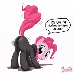 Size: 893x893 | Tagged: suggestive, artist:mysticalpha, derpibooru import, pinkie pie, earth pony, pony, balloonbutt, butt shake, catsuit, dock, female, little big mom, looking back, mare, nothing at all, plot, presenting, skinsuit, solo, solo female, stupid sexy pinkie, the simpsons