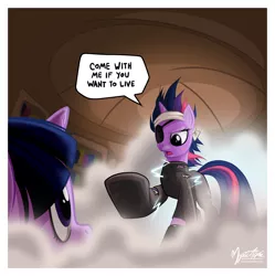 Size: 1052x1058 | Tagged: safe, artist:mysticalpha, derpibooru import, twilight sparkle, pony, unicorn, bandage, clothes, duality, eyepatch, female, future twilight, golden oaks library, looking at each other, mare, parody, self ponidox, smoke, solo, terminator