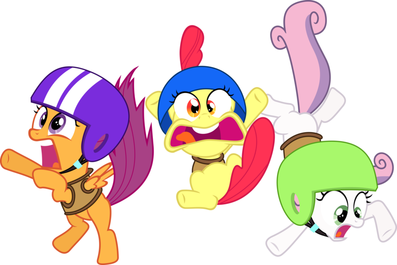 Size: 8113x5422 | Tagged: safe, artist:flutterguy317, derpibooru import, apple bloom, scootaloo, sweetie belle, earth pony, pegasus, pony, unicorn, absurd resolution, cutie mark crusaders, falling, female, filly, helmet, simple background, transparent background, vector, yelling