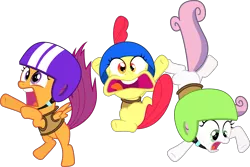 Size: 8113x5422 | Tagged: safe, artist:flutterguy317, derpibooru import, apple bloom, scootaloo, sweetie belle, earth pony, pegasus, pony, unicorn, absurd resolution, cutie mark crusaders, falling, female, filly, helmet, simple background, transparent background, vector, yelling