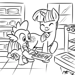 Size: 962x962 | Tagged: safe, artist:megasweet, derpibooru import, spike, twilight sparkle, dragon, pony, unicorn, baking, cookie, cooking, duo, female, happy, male, mare, monochrome, oven, oven mitts