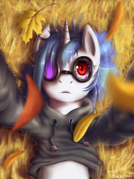 Size: 1200x1600 | Tagged: dead source, safe, artist:swaetshrit, derpibooru import, vinyl scratch, pony, unicorn, autumn, broken glasses, clothes, female, frown, grass, hoodie, leaves, looking at you, mare, on back, paint tool sai, selfie, solo, sunglasses