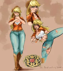 Size: 1068x1200 | Tagged: applebucking thighs, applejack, applejack's hat, artist:sundown, belt buckle, blood, boots, cigarette, clothes, cowboy boots, cowboy hat, derpibooru import, female, hat, human, humanized, jeans, martial arts, pants, safe, smoking