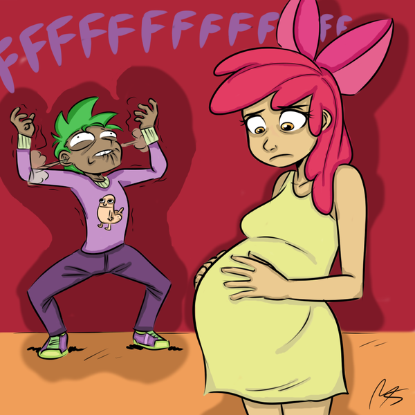 Size: 945x945 | Tagged: questionable, artist:megasweet, derpibooru import, apple bloom, spike, human, accidental pregnancy, breasts, dickbutt, ear steam, female, humanized, image, male, older, older spike, png, pregnant, shipping, spikebloom, straight, teen pregnancy, teenage apple bloom, teenage spike, teenager
