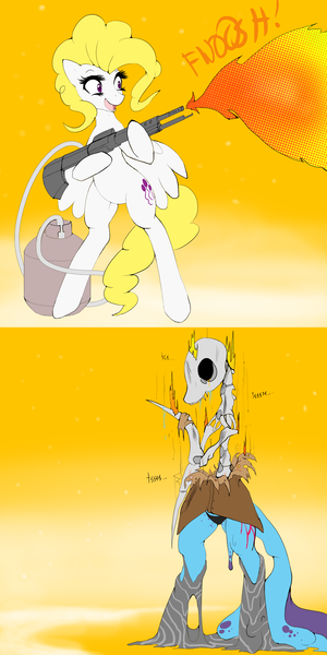 Size: 1000x1999 | Tagged: grimdark, artist:slugbox, derpibooru import, surprise, oc, oc:cteno, pegasus, pony, ask surprise, bipedal, comic, dead, duo, female, fire, flamethrower, g1, g1 to g4, generation leap, mare, skeleton, weapon