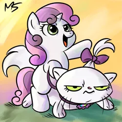 Size: 945x945 | Tagged: safe, artist:megasweet, artist:rustydooks, derpibooru import, opalescence, sweetie belle, pony, unicorn, colored, duo, female, filly, pet, ponies riding cats, riding