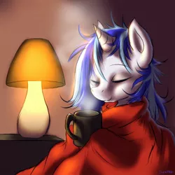 Size: 1600x1600 | Tagged: dead source, safe, artist:swaetshrit, derpibooru import, vinyl scratch, pony, unicorn, blanket, eyes closed, female, hot chocolate, lamp, mare, messy mane, mug, paint tool sai, solo