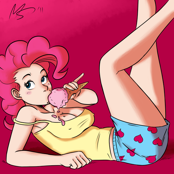 Size: 1575x1575 | Tagged: artist:megasweet, artist:samoyena, artist:stinkehund, breasts, busty pinkie pie, derpibooru import, erect nipples, female, human, humanized, ice cream, ice cream cone, legs, legs in air, midriff, nipple outline, nipples, on back, pinkie pie, solo, solo female, suggestive