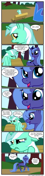 Size: 800x3108 | Tagged: safe, artist:teygrim, derpibooru import, lyra heartstrings, princess luna, alicorn, pony, unicorn, bench, comic, crying, dumped, duo, female, floppy ears, luna is friggen useless, mare, oblivious, s1 luna, sad, sarcasm, sitting