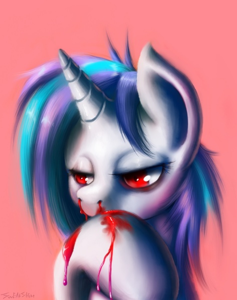 Size: 1200x1523 | Tagged: dead source, semi-grimdark, artist:swaetshrit, derpibooru import, vinyl scratch, pony, unicorn, bleeding, blood, bust, creepy, female, mare, nosebleed, paint tool sai, portrait, red eyes, simple background, solo