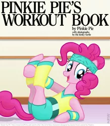 Size: 704x806 | Tagged: safe, artist:kturtle, derpibooru import, pinkie pie, earth pony, pony, 80s, book cover, cover, exercise, female, headband, leg warmers, mare, on back, smiling, workout outfit, wristband