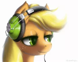 Size: 2000x1600 | Tagged: dead source, safe, artist:swaetshrit, derpibooru import, applejack, earth pony, pony, bust, colored pupils, female, hatless, headphones, mare, missing accessory, paint tool sai, portrait, simple background, solo, white background
